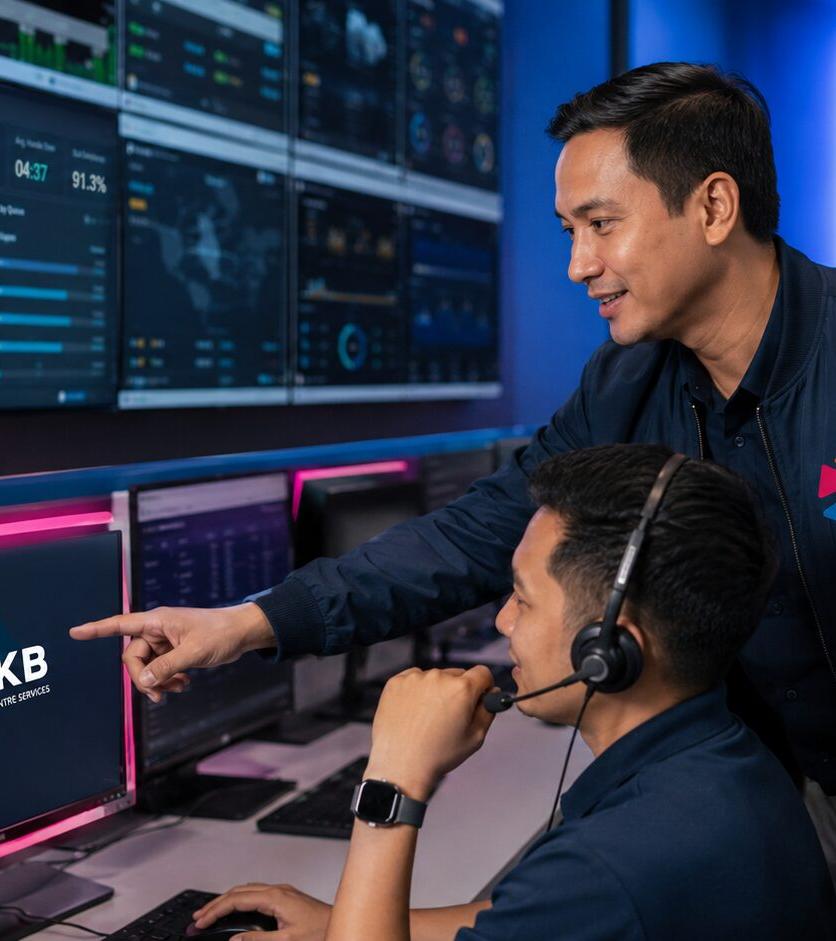 Layar monitoring live contact center menampilkan metrik average handle time dan service level.